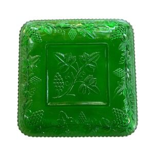 Vintage US Glass Emerald Green Hobnail California Grapes Leaf Beaded Square Dish
